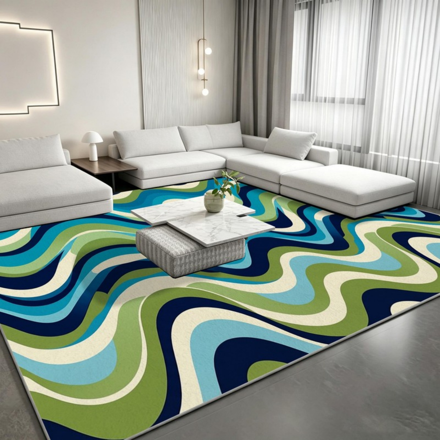 Printed Rug Abstract - Room Decor Rug, Blue Green Alternating